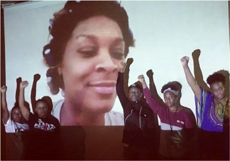 Figure 2 Sandra Bland’s image looks approvingly toward her sister comrades who participated in the 64hour sit-in, July 2016. Photo courtesy of Hannah Bonner.