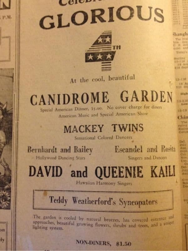 Figure 3. July 4, 1933 Shanghai Evening Post newspaper, Advertisement for the Canidrome Ballroom and Garden featuring Teddy Weatherford and his band the Syncopators.