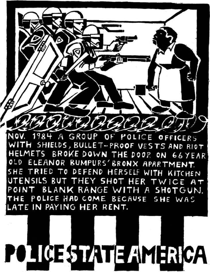 Figure 1 “Eleanor Bumpurs & New York City Police Officers, October 29, 1984.” Drawing by Seth Tobocman, originally published in Peter Kuper and Seth Tobocman, World War 3 Illustrated: 1979–2014 (Oakland, CA: PM Press, 2014), 134. Image courtesy of Seth Tobocman.