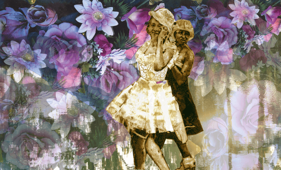Figure 1. Rebecca Louise Carter, Baby Dolls and Flowers, 2025. Photo transparency and paper collage, digitally scanned and rendered.