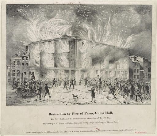 “Destruction by fire of Pennsylvania Hall,” (Philadelphia: Published by J.T. Bowen, 1838). Courtesy of the Library of Congress.