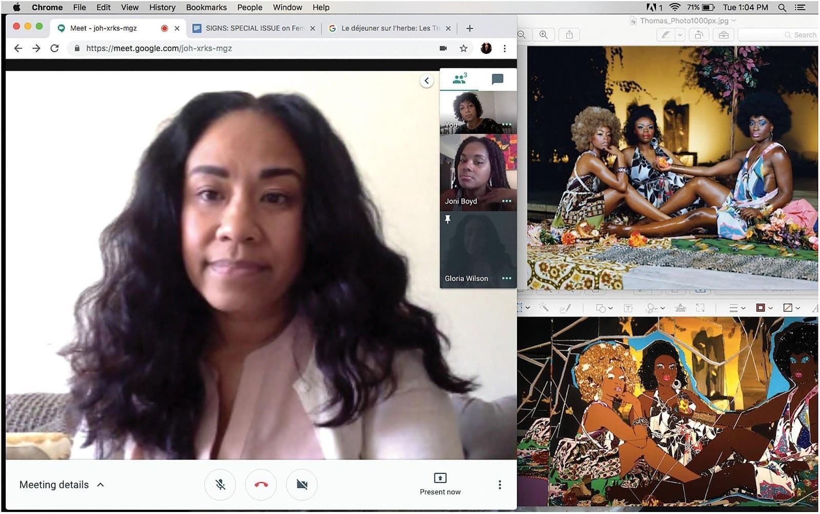Figure 2. Vanessa, Joni, and Gloria on video chat discussing their identity alongside images of Thomas’s artwork.